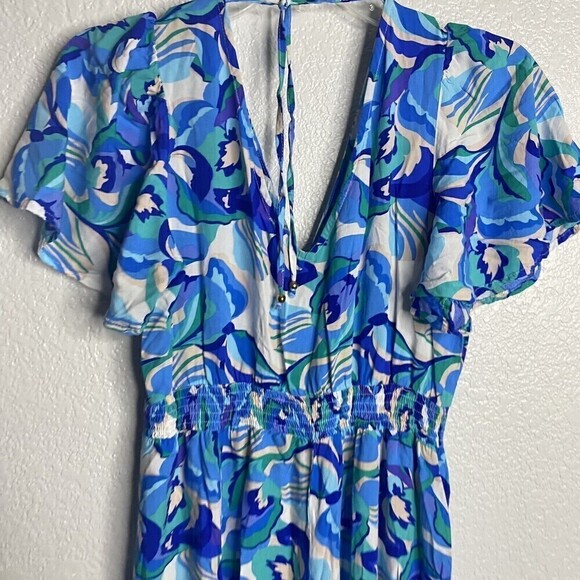 Abel The Label Anthropologie Blue Boho Smocked V Neck Maxi Dress Small Dress Up - Picture 11 of 11